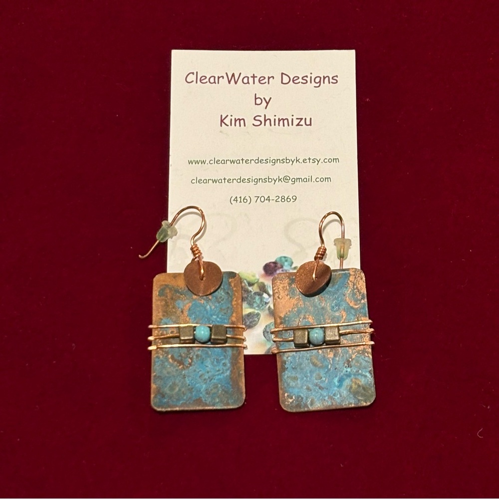 Handcrafted Copper And Blue Rectangular Earrings.… - image 4